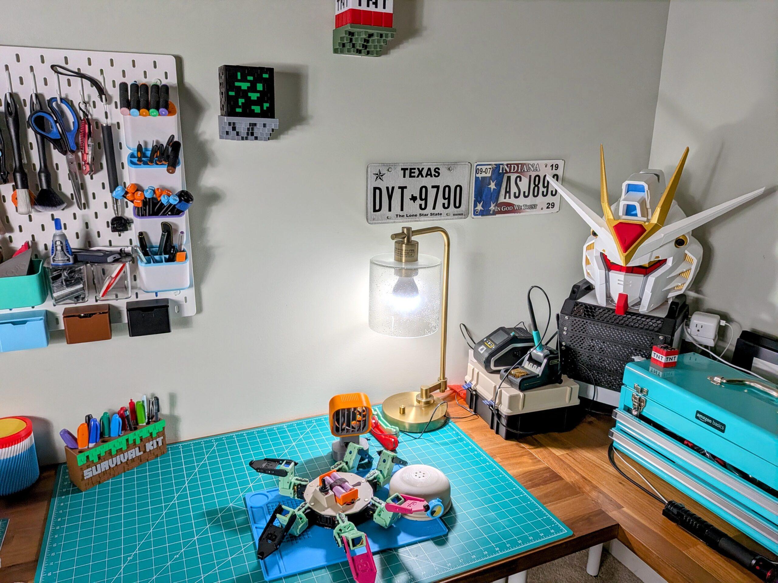 RookiDroid workshop bench — robot builds in progress
